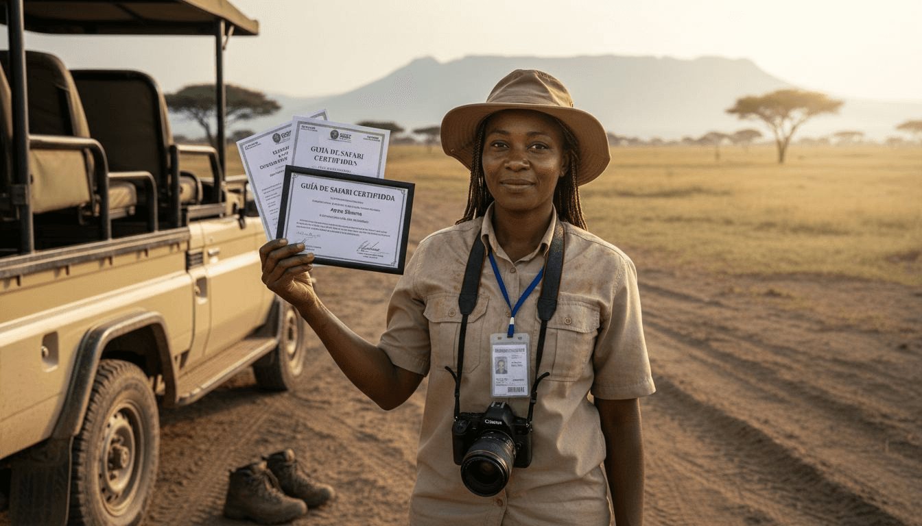 El guía del safari muestra sus credenciales junto al vehículo