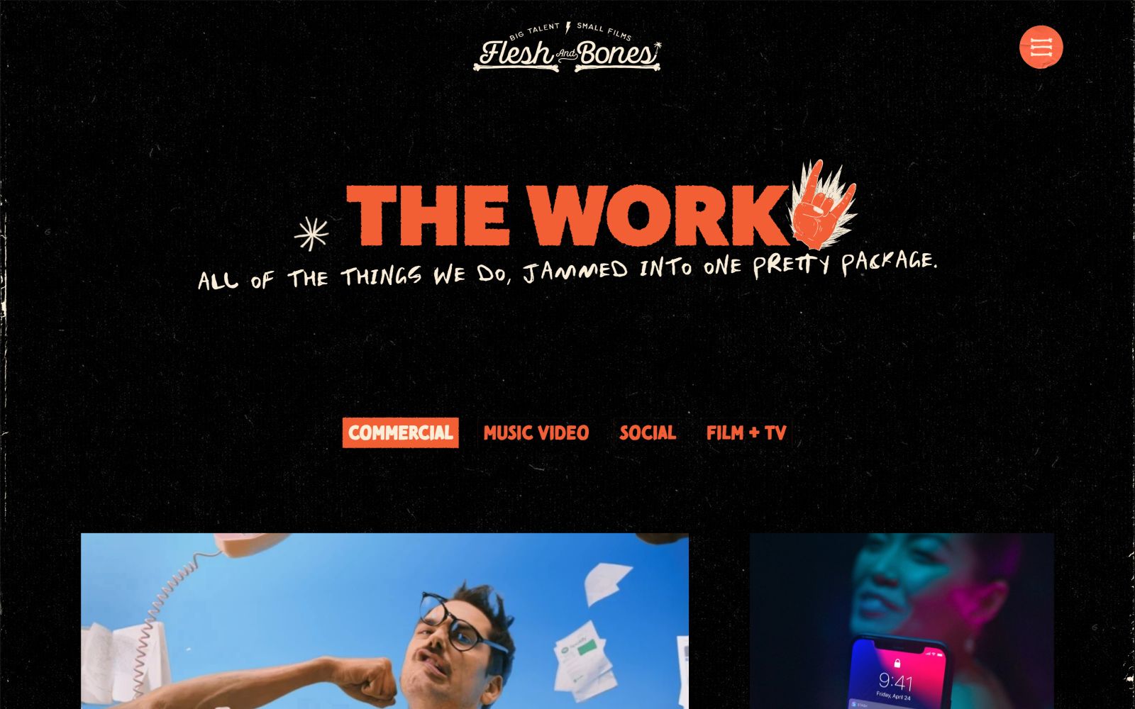 Black background with bold orange text: "THE WORK." Subtext: "All of the things we do, jammed into one pretty package.