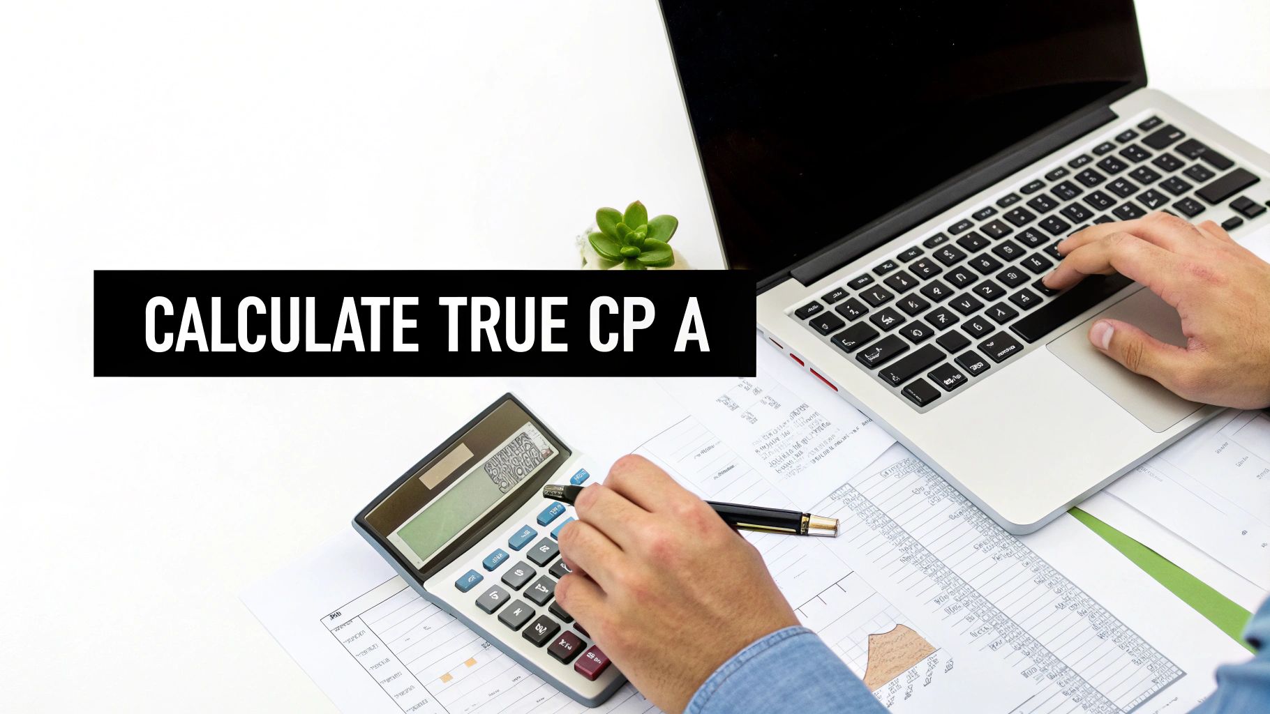 A person uses a calculator and laptop, surrounded by financial documents, for cost calculation.