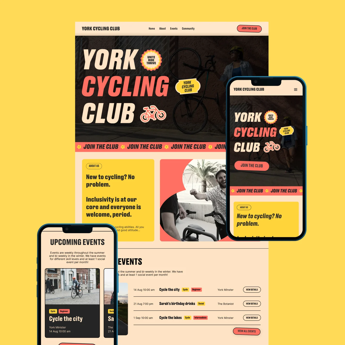 York Cycling club website on a yellow background, featuring happy cyclists and branded stickers