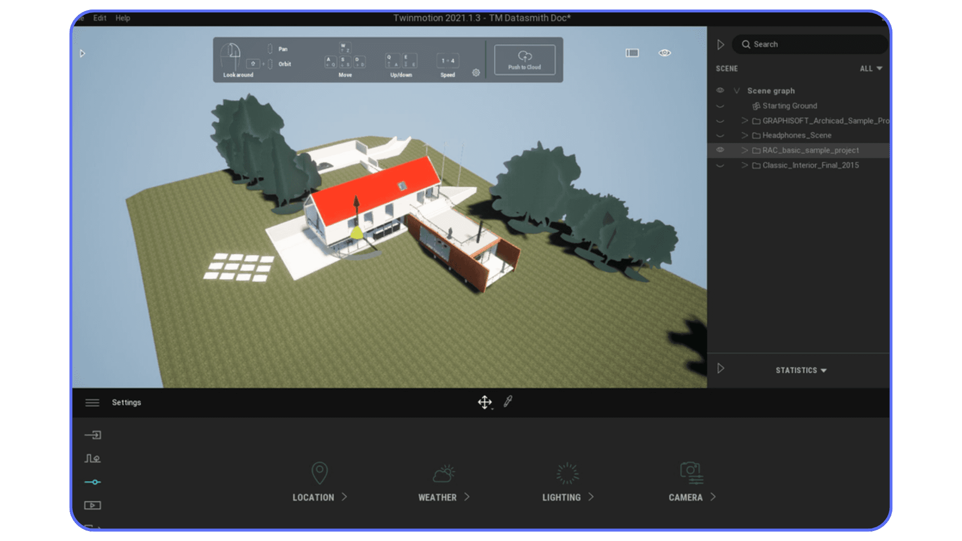 Twinmotion interface showing a sample architectural scene with a house model, ground plane, and trees, along with scene graph and toolbar elements.