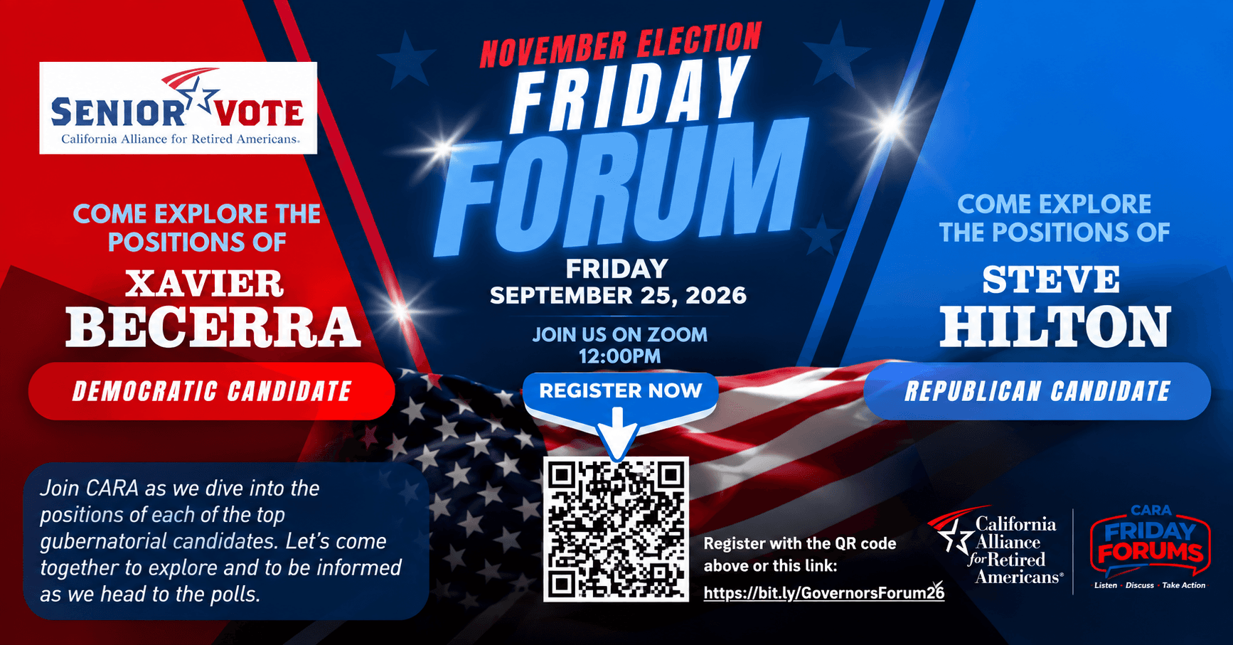 CARA Friday Forums: Ballot Measures Forum flyer, August 28th at 12:00 PM