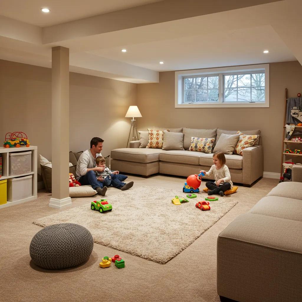 Family-friendly basement play area with egress windows and cozy seating