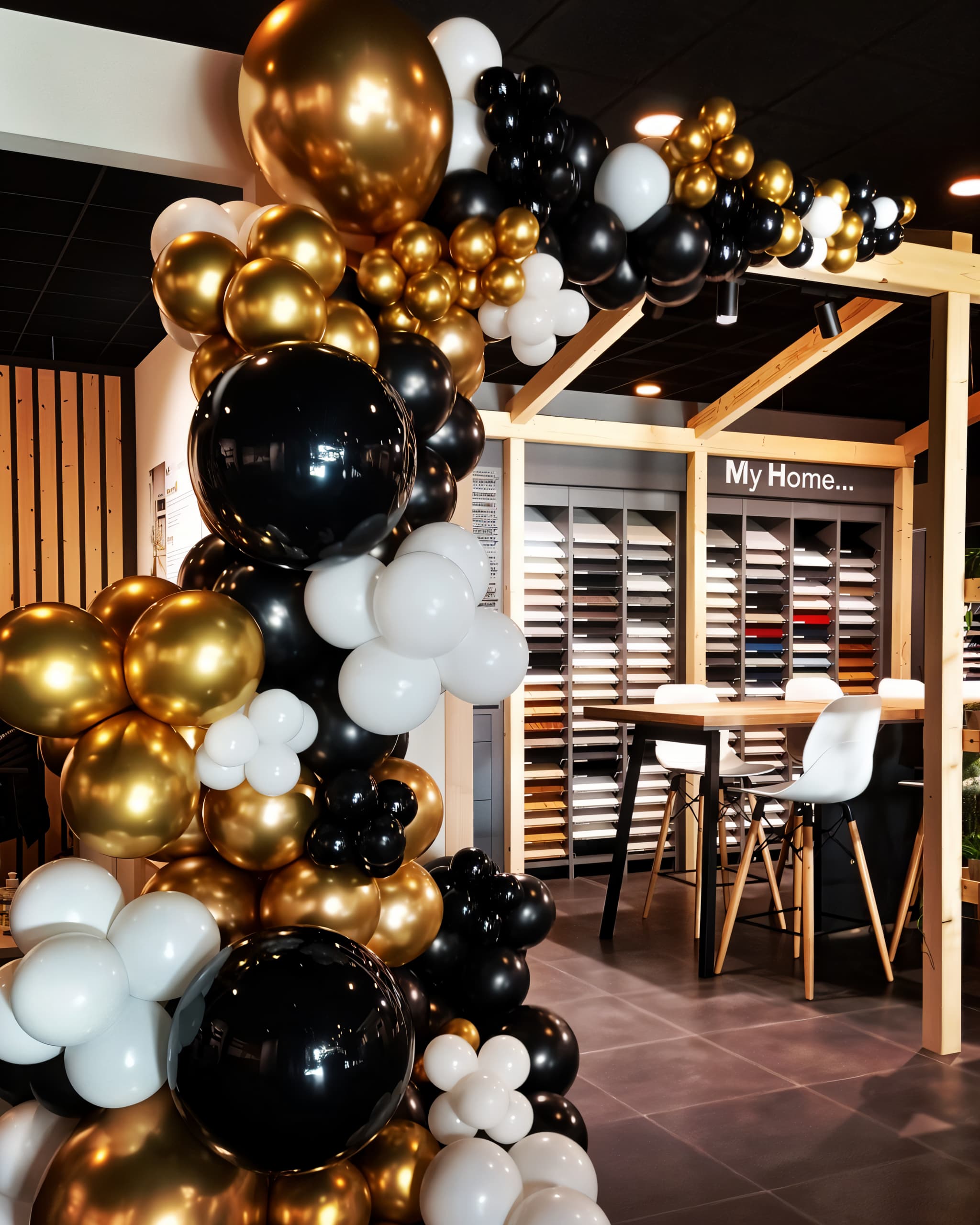 Arche organique doré, blanc et noire réalisé pour l'inauguration d'un magasin en Vendée