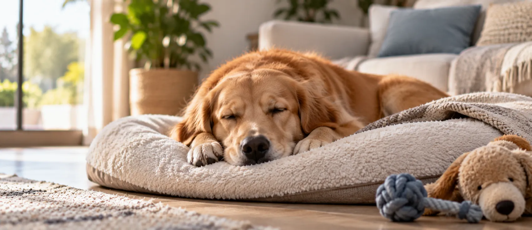A Golden Retriever sleeps soundly on a plush dog bed in a bright living room.