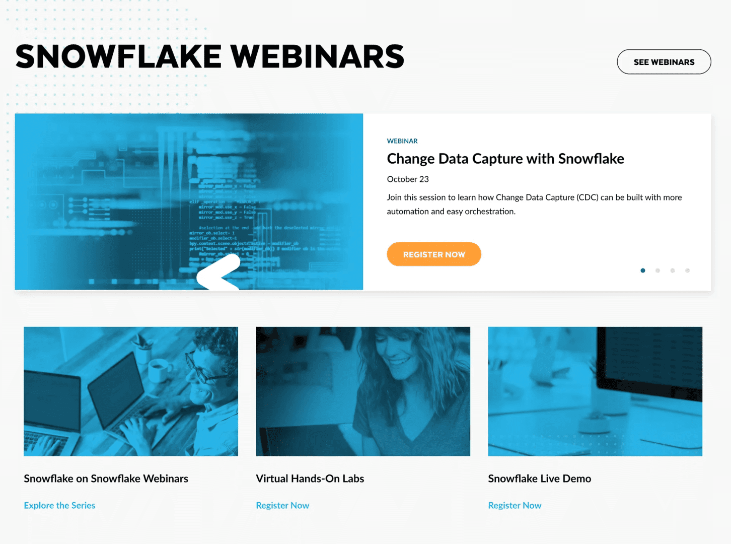 Snowflake Marketing Spotlight: Webinars listing