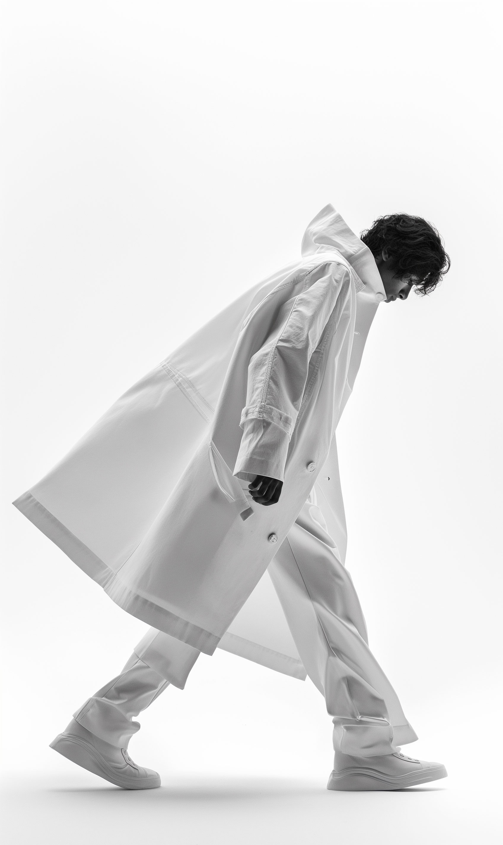 figure of a man in motion in a white coat