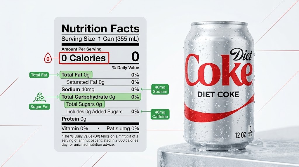 A detailed infographic comparing a chilled can of Diet Coke with an official Nutrition Facts label. The label highlights 0 calories, 0g sugar, 0g total fat, and highlights key details like 40mg Sodium and 46mg Caffeine. The can is covered in condensation and sits on a frosted surface. Ideal for nutrition analysis and beverage information.