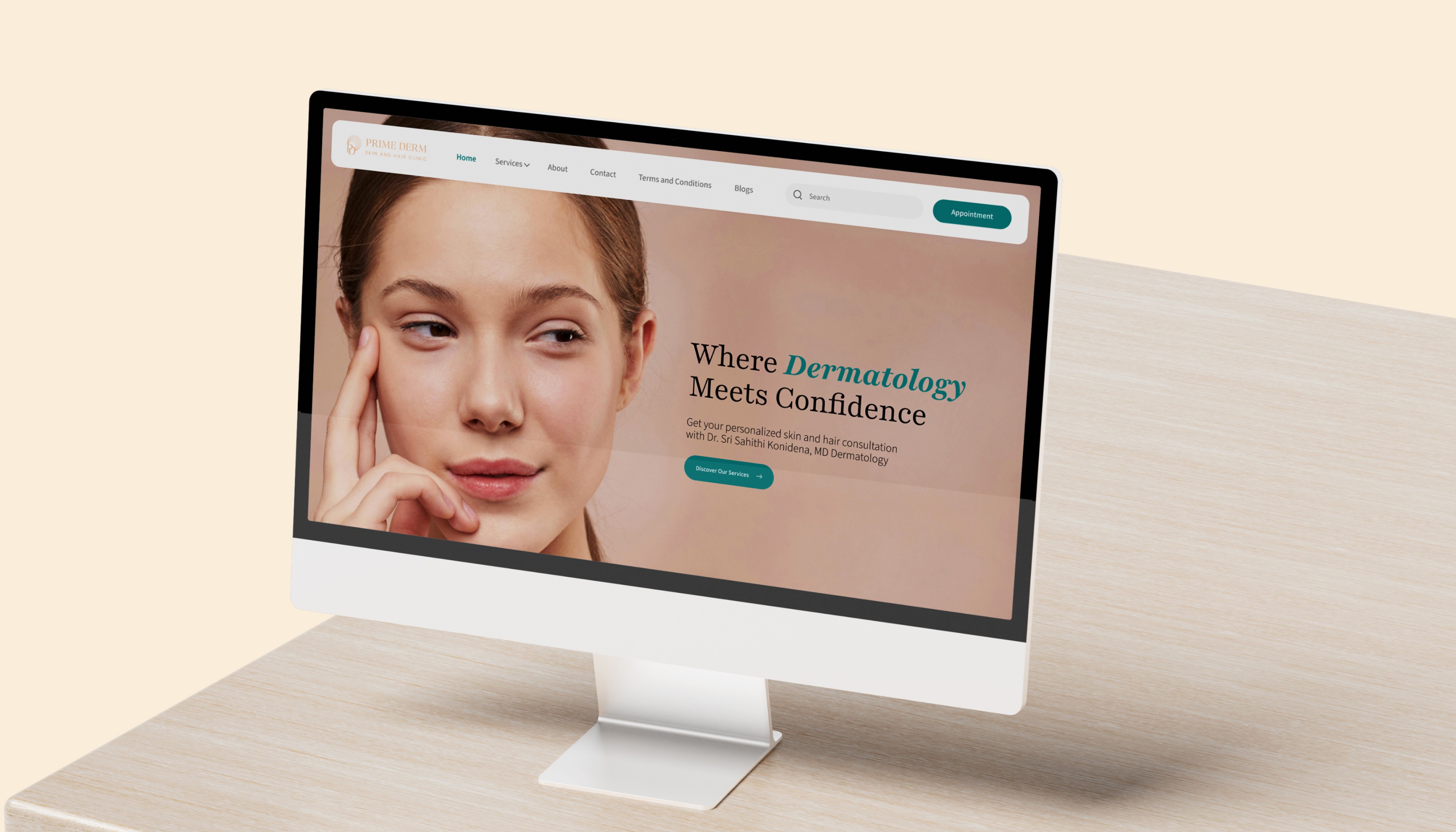 Computer monitor displaying a dermatology clinic website with the tagline 'Where Dermatology Meets Confidence' and an image of a woman touching her face, offering personalized skin and hair consultation services.