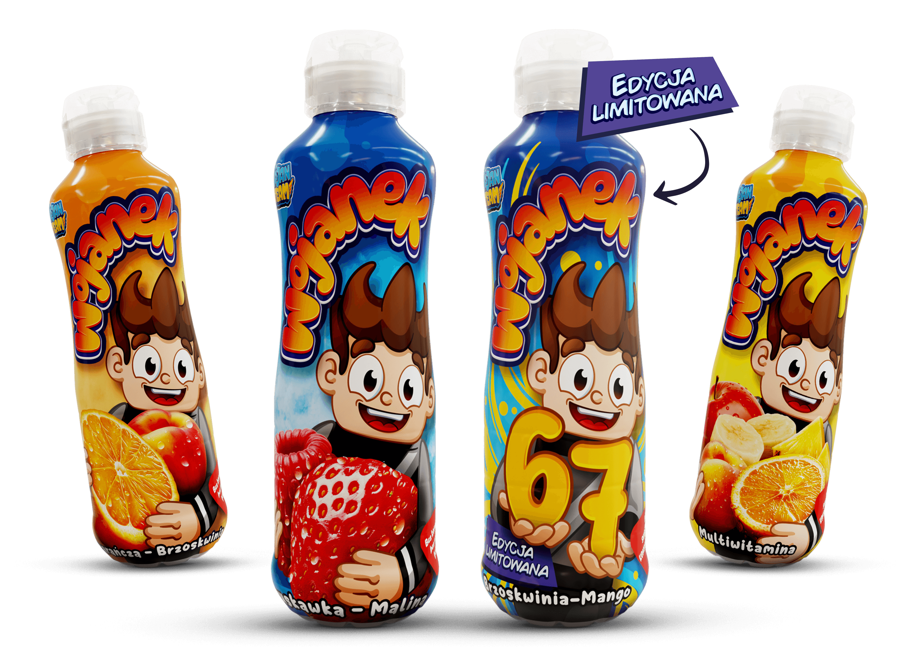 Wojanek – napój owocowy w butelkach, smaki truskawka i malina oraz pomarańcza i brzoskwinia