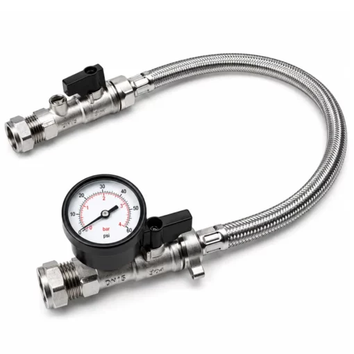 Pressure gauge on a domestic air source heat pump system showing normal operating pressure range