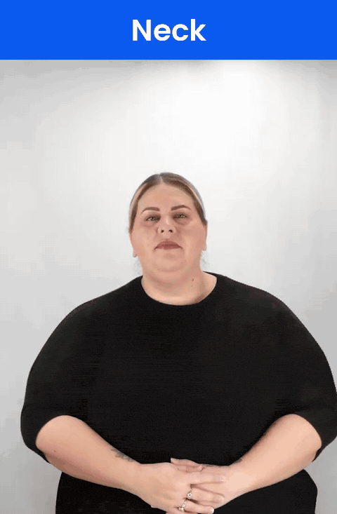 Animated GIF: a Deaf signer signs NECK in ASL, an index finger touching the side of the neck.