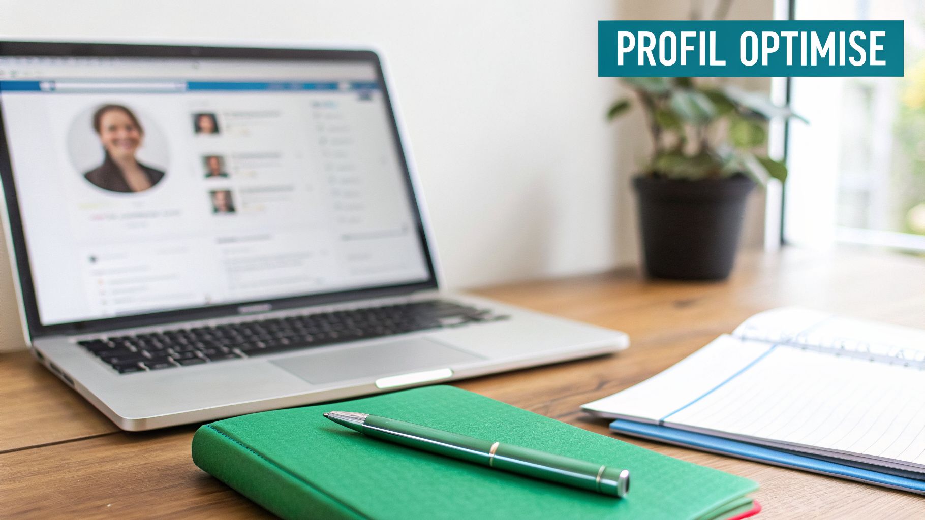 Un bureau avec un ordinateur portable affichant un profil LinkedIn, un carnet vert, un stylo et une plante. Le texte dit: PROFIL OPTIMISE.