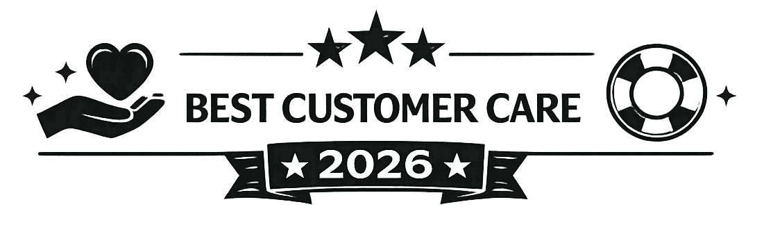 An award emblem featuring "Best Customer Care 2026" with stylized stars, a hand holding a heart, and a life preserver symbol.