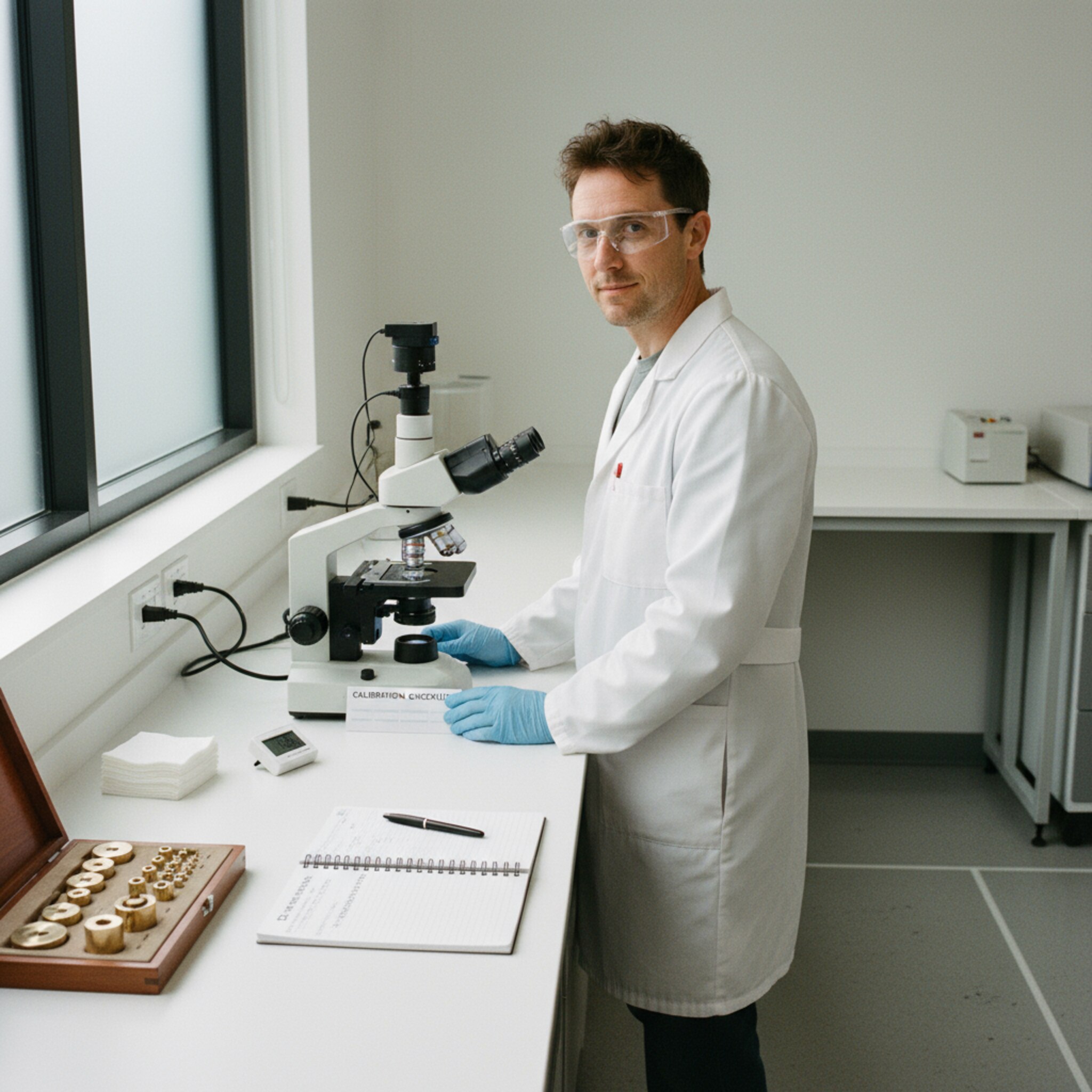 Ein Labortechniker prüft ein Mikroskop mit Handschuhen und legt eine Wartungskarte daneben. Ein Timer läuft auf dem Arbeitstisch, daneben frische Tücher und Kalibriergewichte. Die Umgebung ist aufgeräumt, Markierungen zeigen definierte Arbeitsbereiche. Es wirkt wie eine planbare Routine mit klarem Fokus.