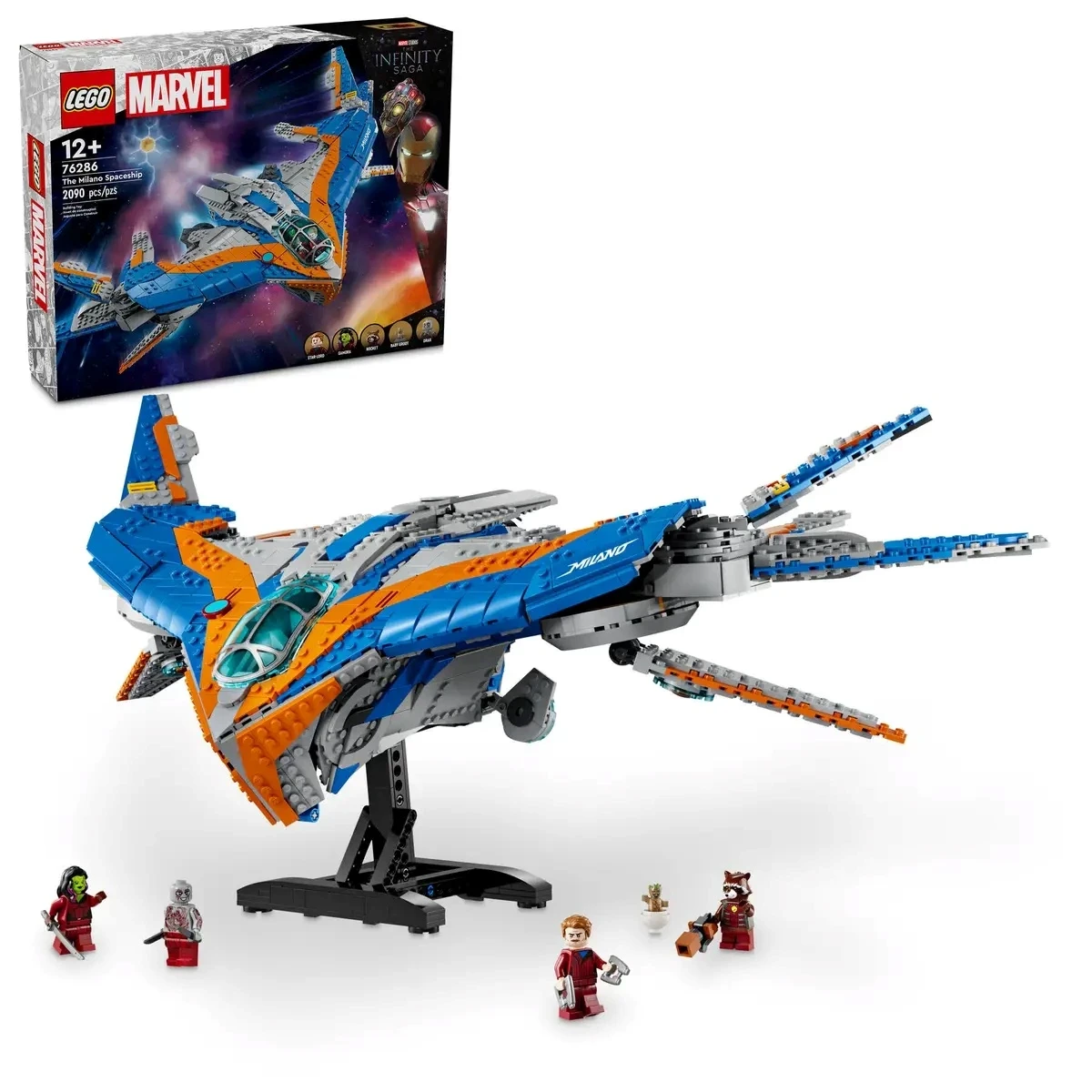 LEGO Marvel Guardians of the Galaxy set featuring a detailed spaceship model with blue and orange colour scheme, displayed on a stand, alongside multiple mini figures, with box packaging shown in the background.