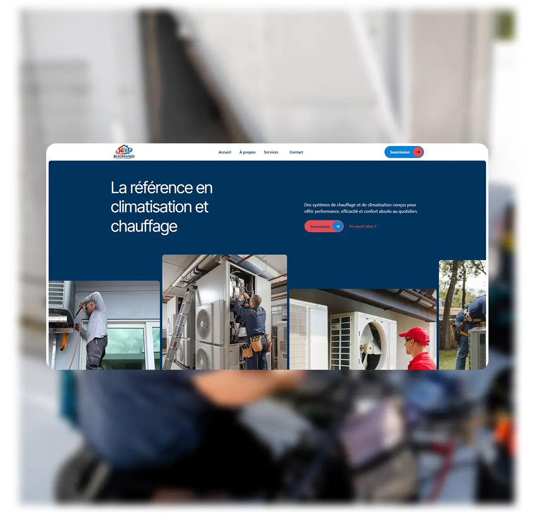 Page d'accueil du site web de Beauregard Climatisation affichant le slogan La référence en climatisation et chauffage, superposée sur une photo de technicien en intervention