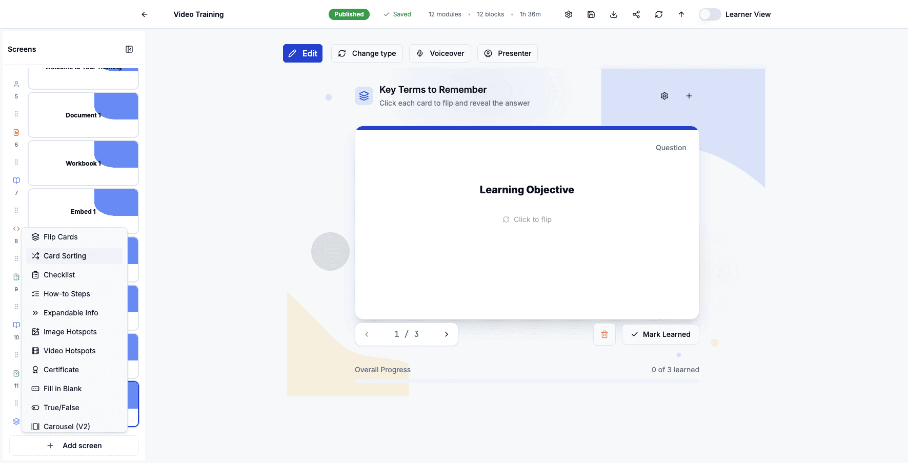Select Card Sorting to create drag-and-drop exercises where learners categorize items.