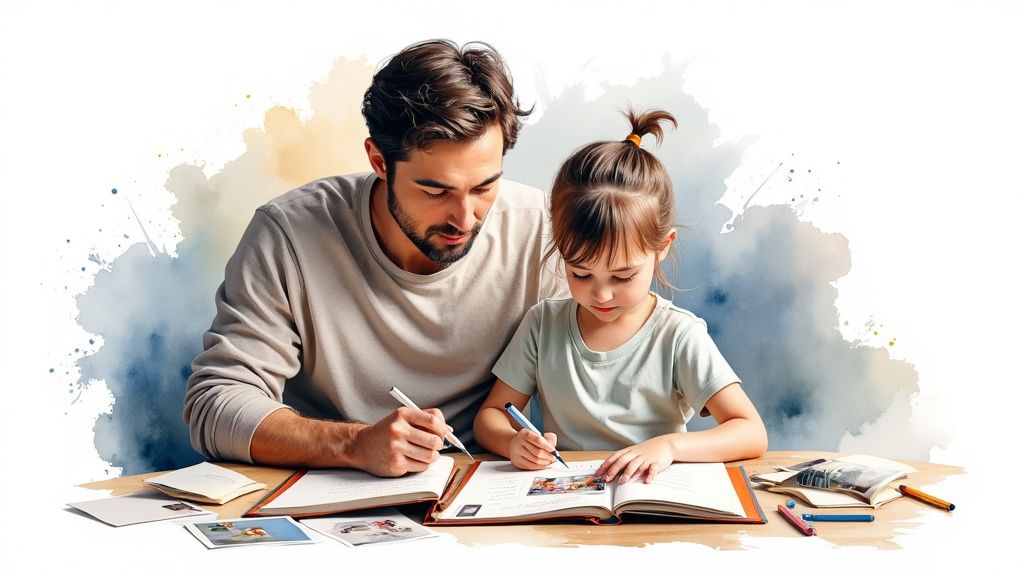Father and daughter focused on writing and drawing in books at a table with art supplies.
