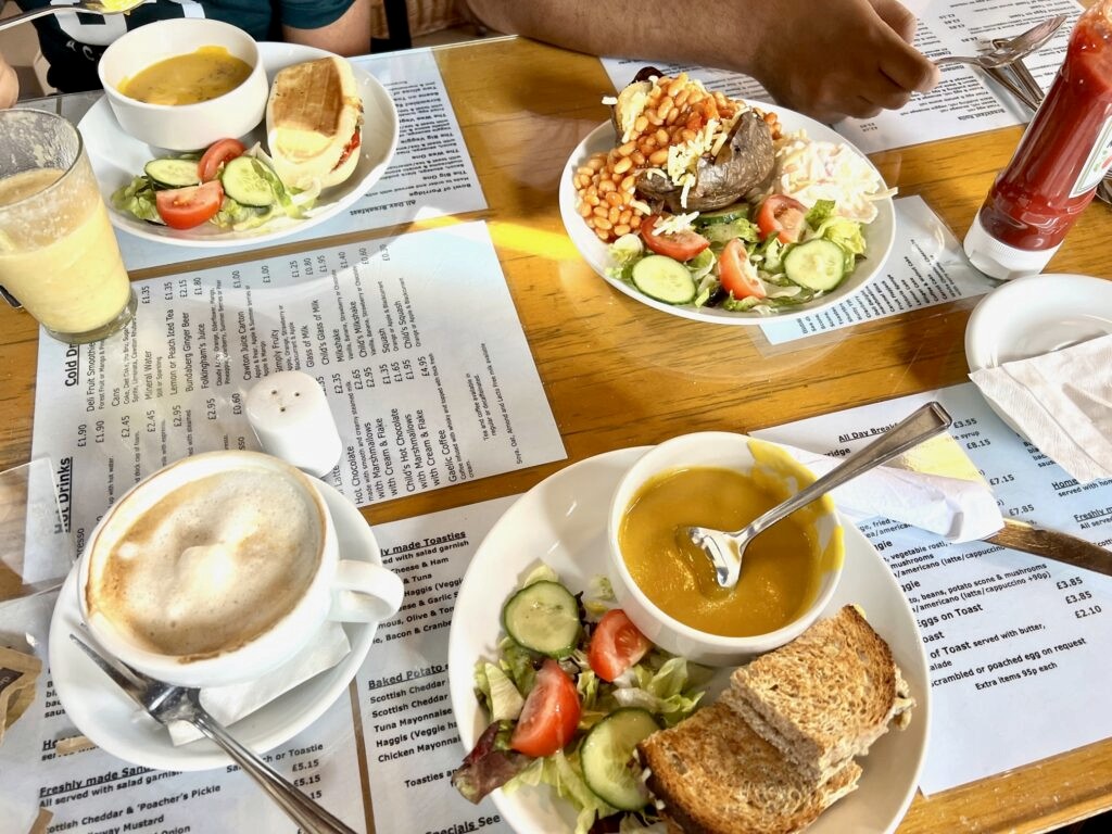 Coffee, sandwich, jacket potatoes with salad and soup.