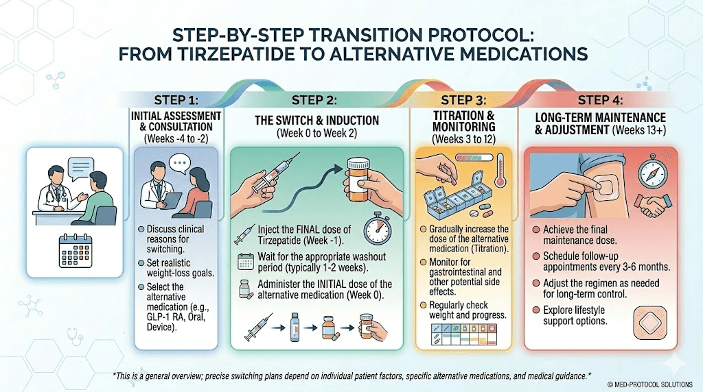How to switch from tirzepatide to alternative GLP-1 medication step by step protocol