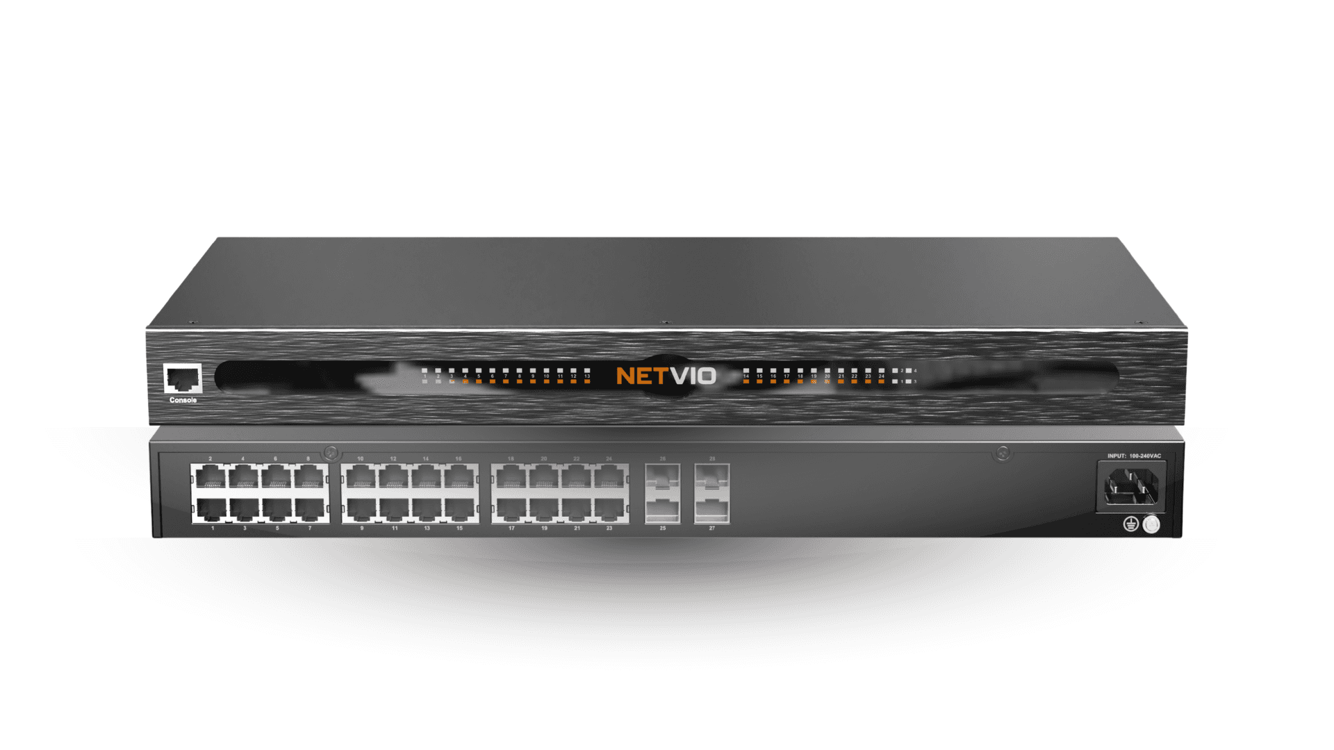 Two black network switches stacked, front view.
