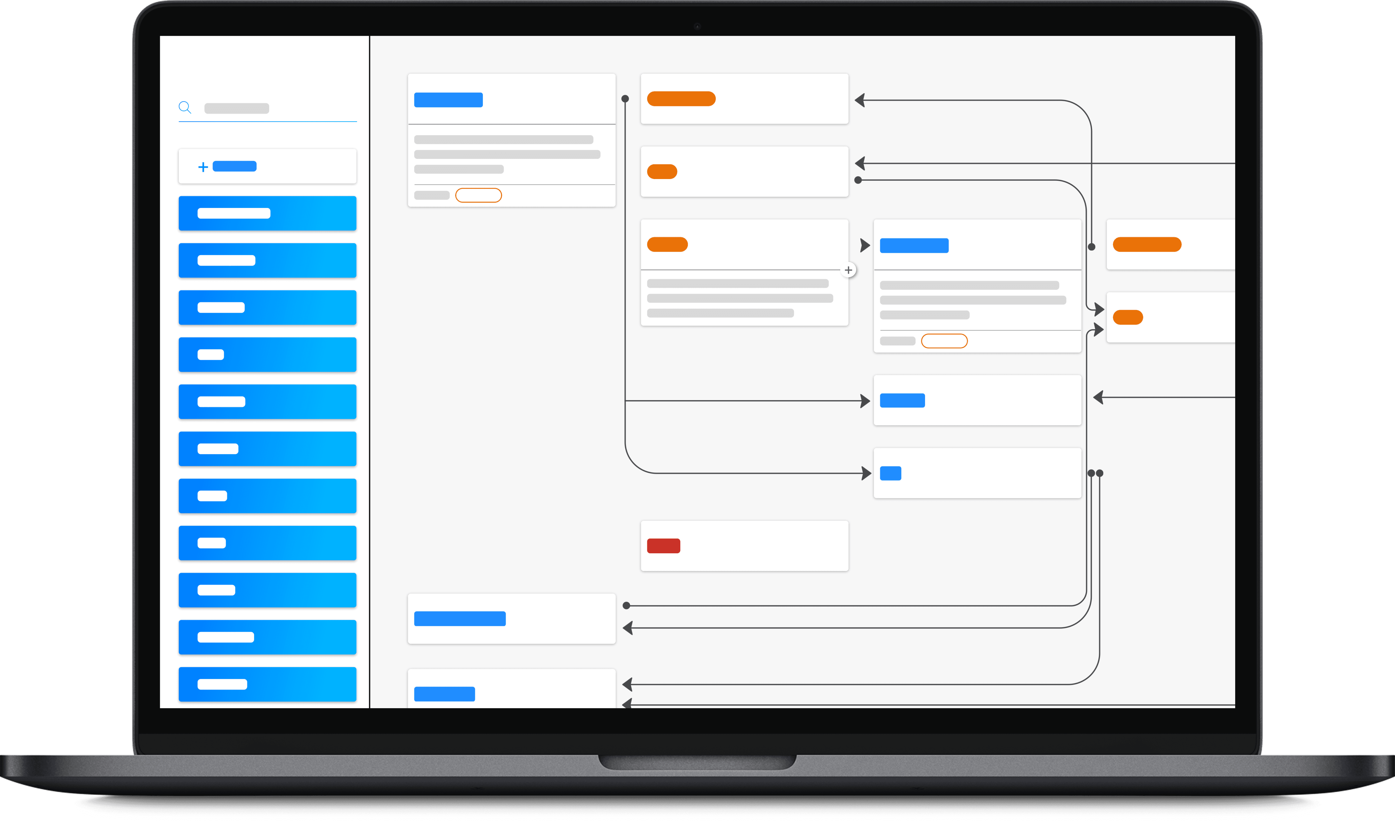 The final UI is confidential, but this is an early wireframe showing the potential for different types of nodes and how logic trees can be nested and collect context.