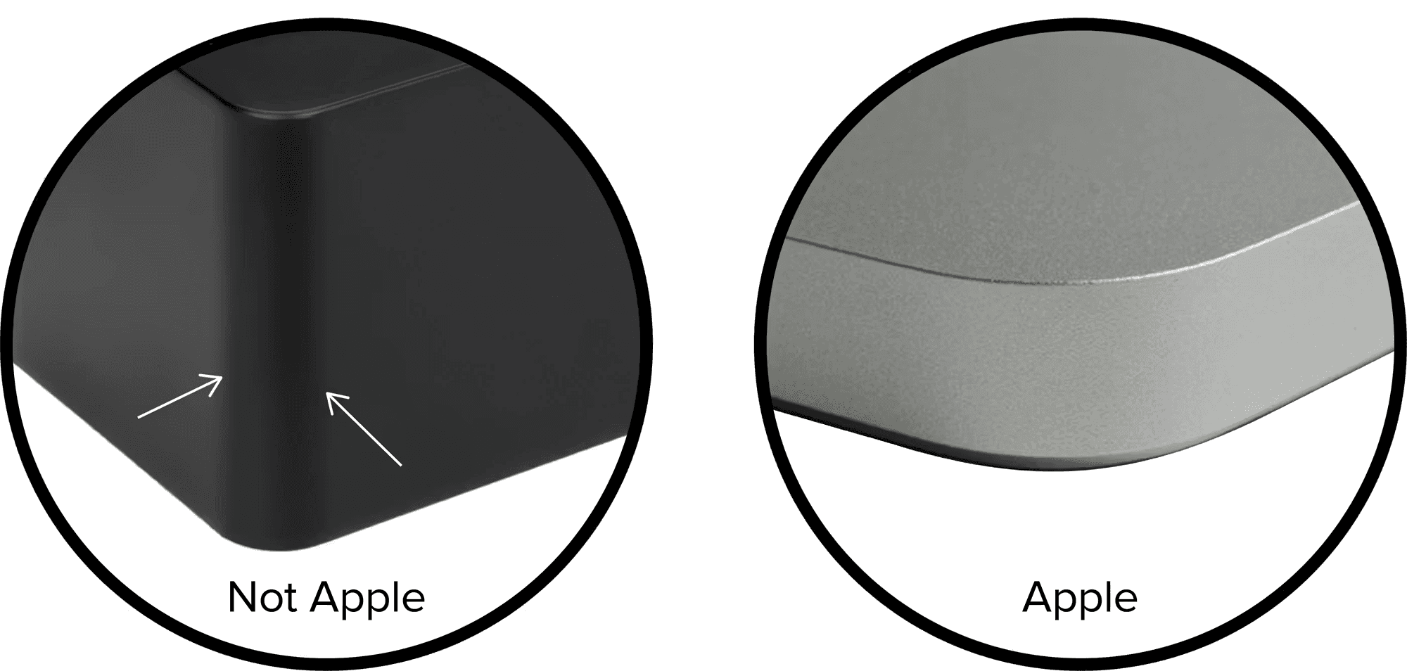 Side-by-side close-ups comparing corner geometry: left shows a boxy, sharper corner labeled ‘Not Apple’ with arrows pointing at the edge; right shows a smoother, more continuous rounded corner labeled ‘Apple’.