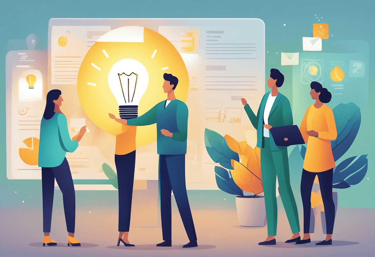 Employees gathered around a glowing lightbulb, symbolizing engagement and participation. Referral cards and a strategic HR guide are prominently displayed