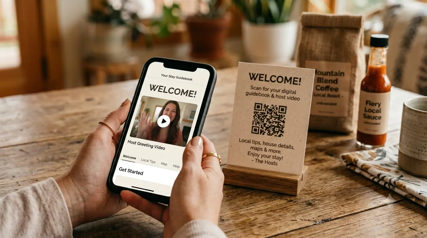 A guest scanning a QR code on a welcome card that opens the property's digital guidebook to a welcome video.