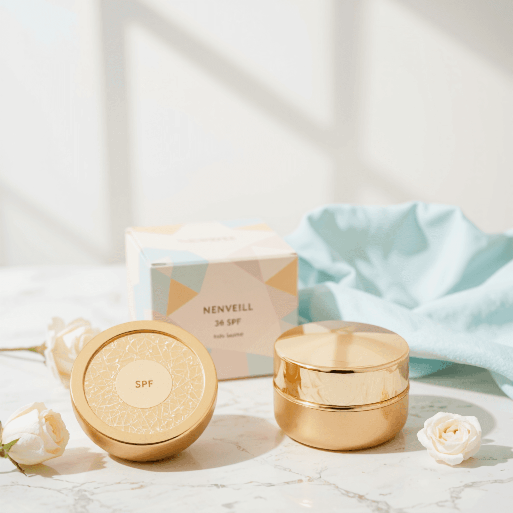 product photography of compact of skincare cream with SPF