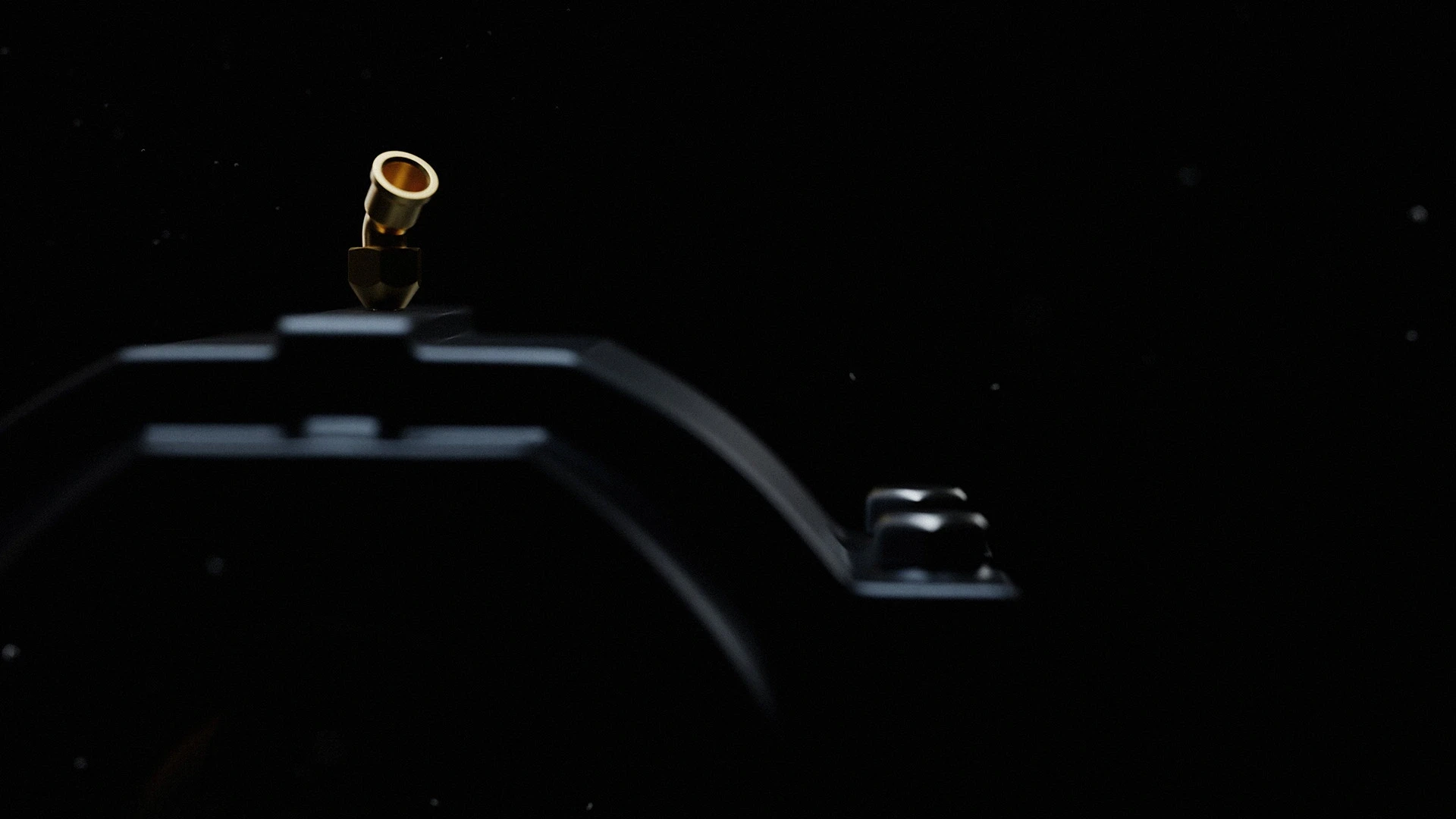 Dunkles 3D-Rendering eines technischen Präzisionsbauteils mit metallischen Oberflächen und dramatischer Lichtsetzung