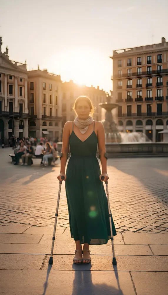 femme de face avec des béquilles