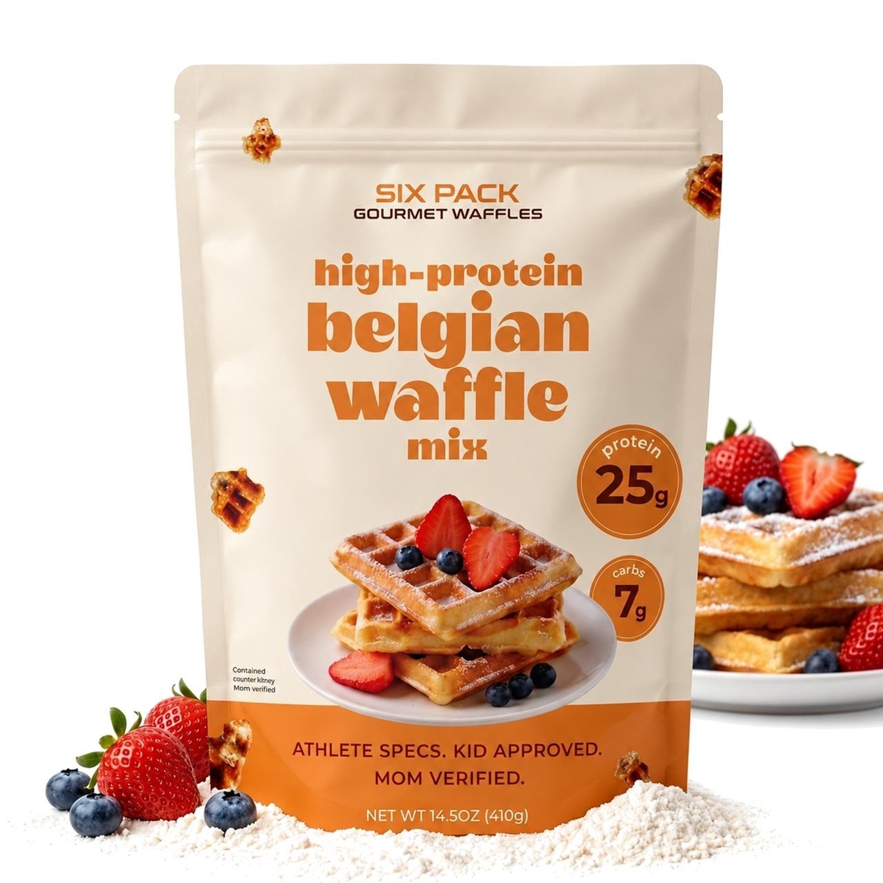 Six Pack Gourmet Waffles high-protein Belgian waffle mix pouch, 25g protein, 7g carbs