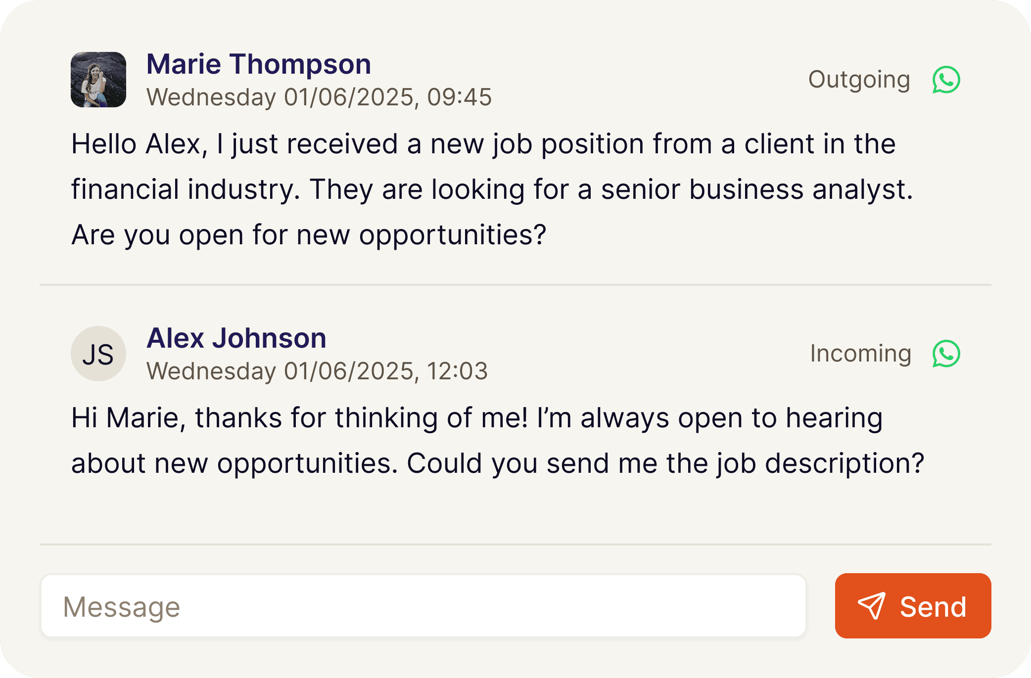 A screenshot of a Whatsapp communication thread in Adeptiq