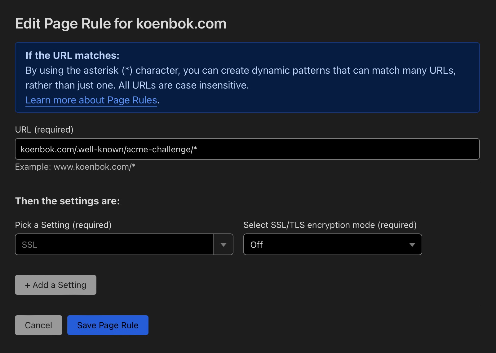 Page Rule settings inside Cloudflare.