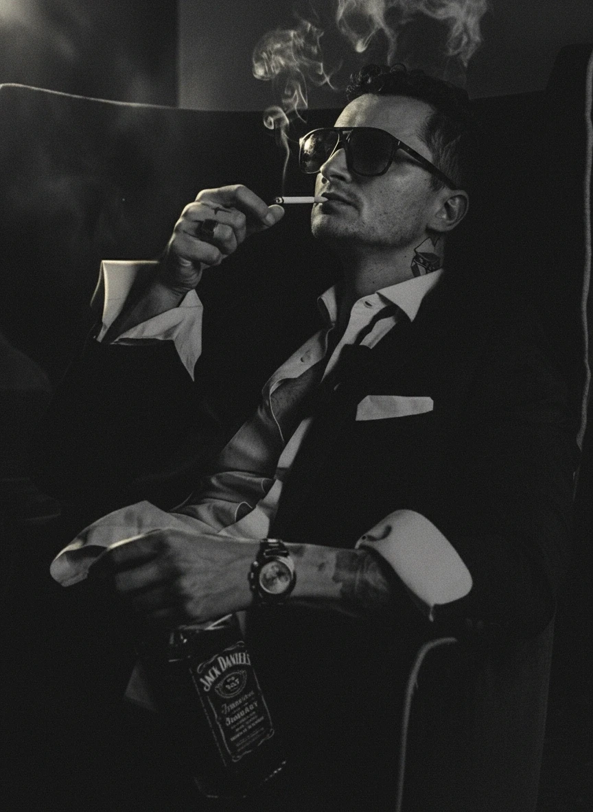 Man on chair, dark background, holding cigarete