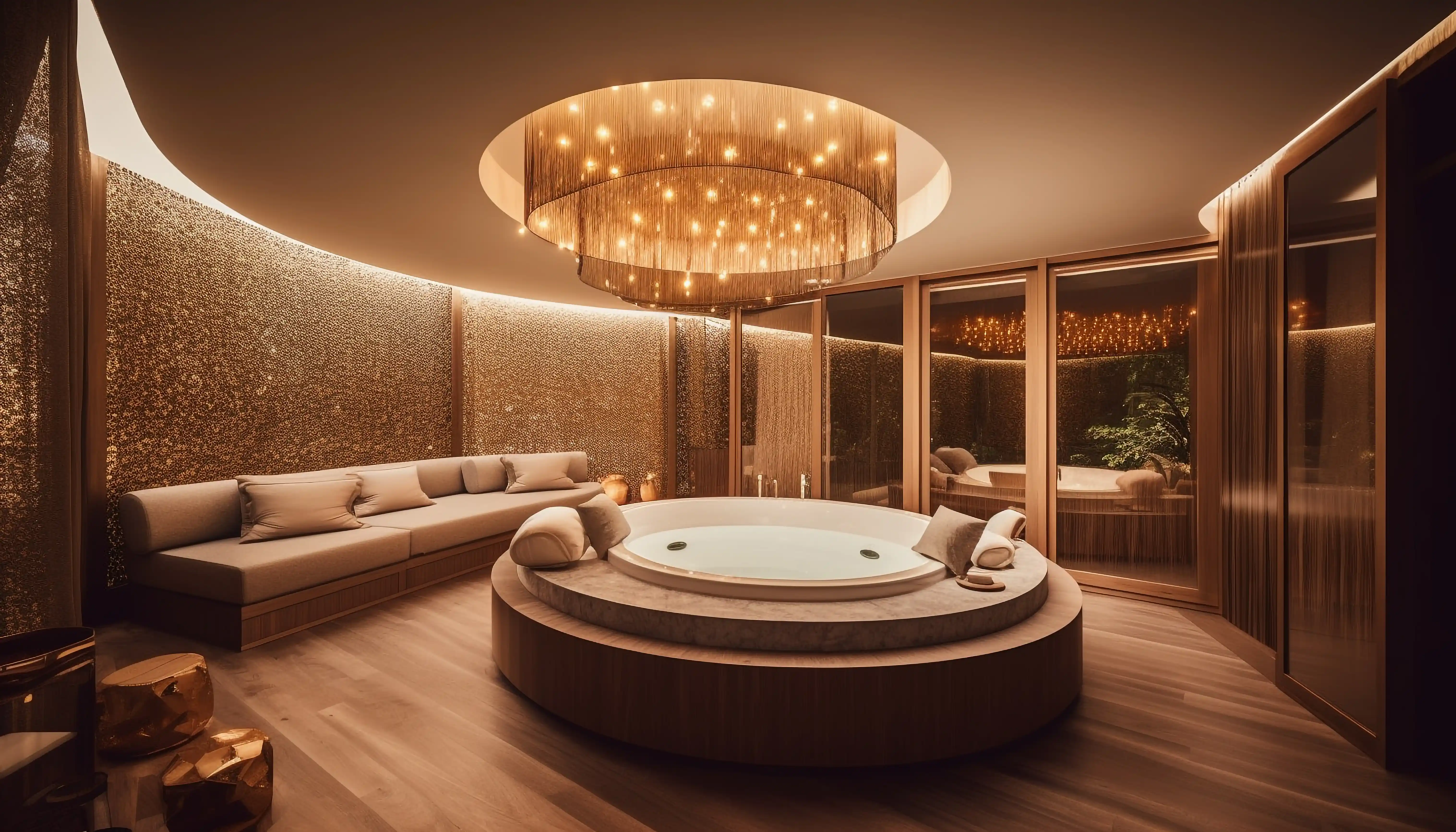 Luxurious master bedroom suite featuring wooden paneling, a grand chandelier, and warm ambient lighting.
