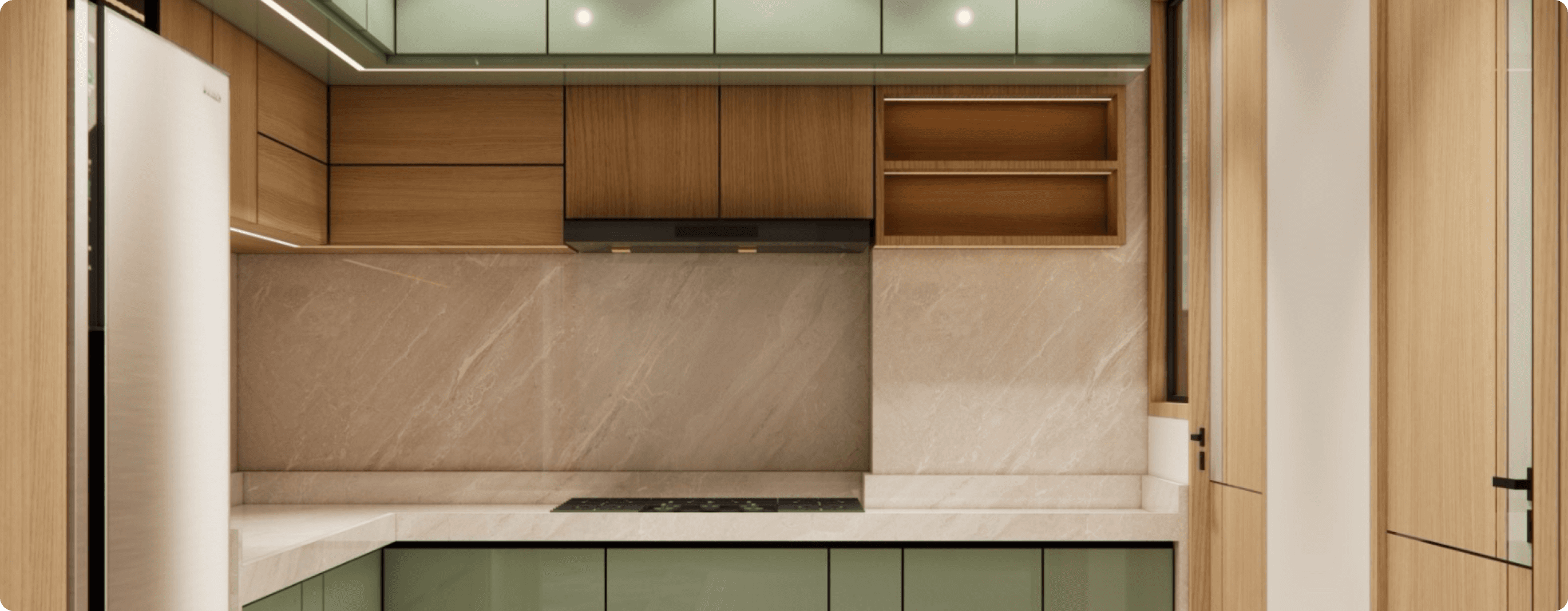 A 3 BHK Apartment design and visualization of a kitchen of the project called bloom. 