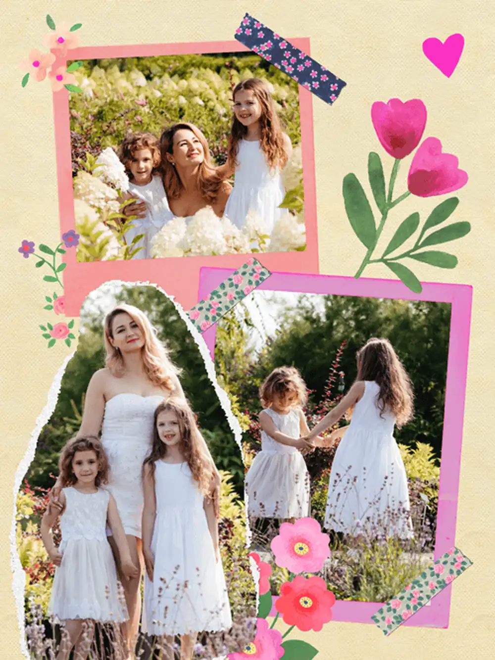 Scrapbook-style Mother's Day card template with three photos, washi tape, and tulip illustrations