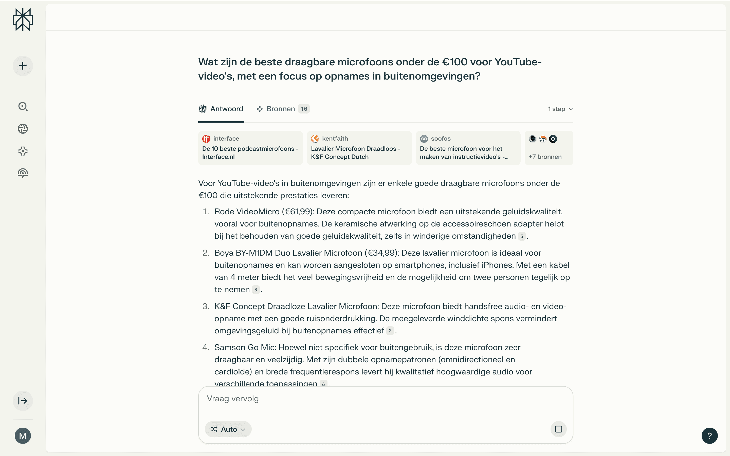 Screenshot van zoekopdracht Perplexity: Wat zijn de beste draagbare microfoons onder de €100 voor YouTube-video's, met een focus op opnames in buitenomgevingen?