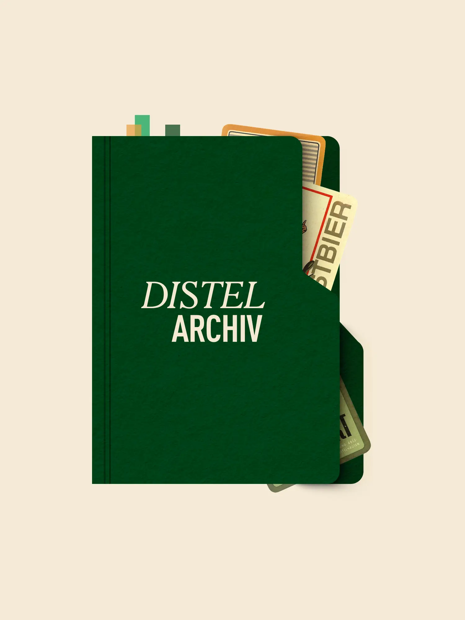 Grünes Buchcover mit dem Titel „Distel Archiv“ und historischen Drucksachen