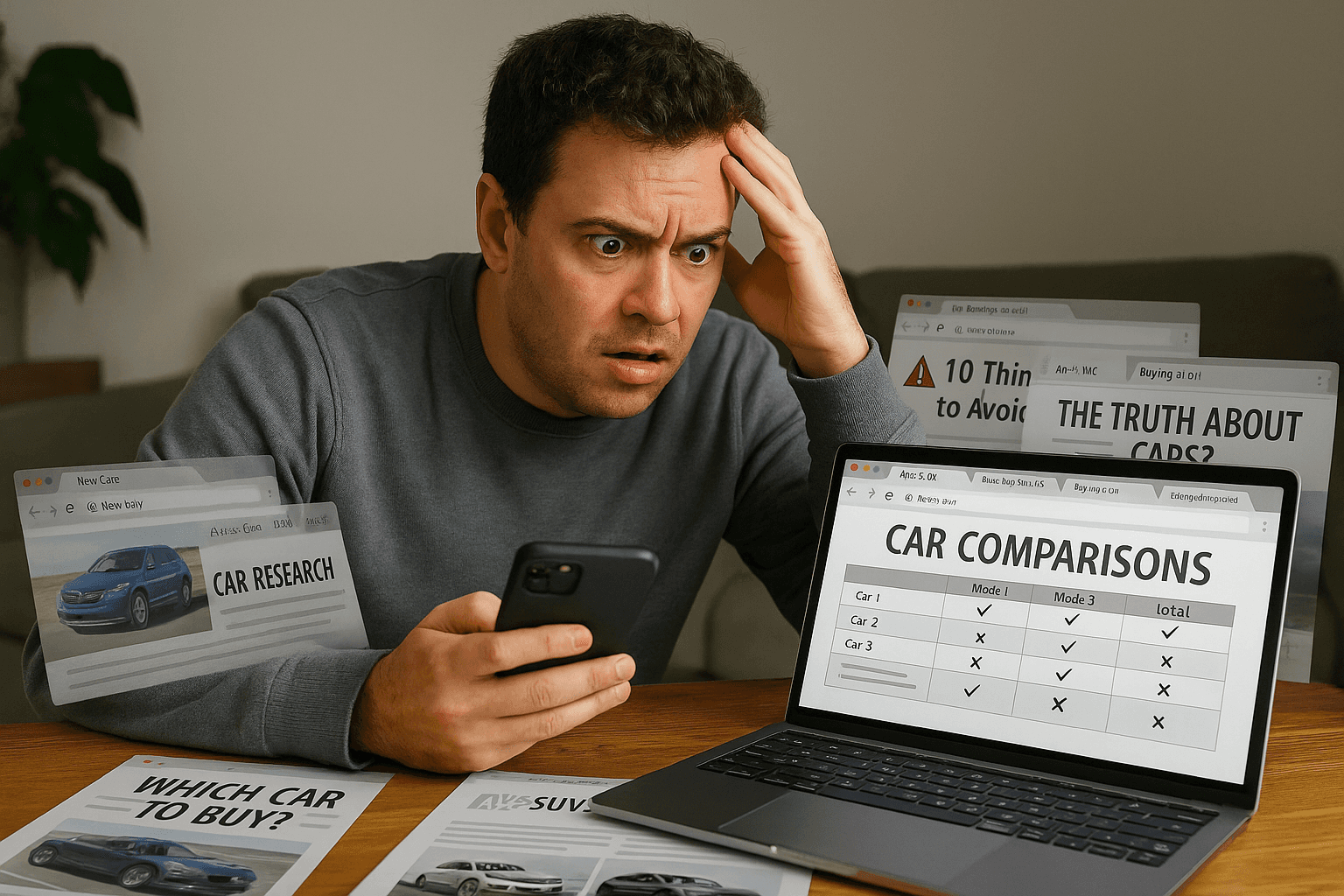 A young car buyer sitting at home in front of a laptop and phone, overwhelmed by information—screens showing inconsistent data from car blogs, YouTube, forums, etc. Include browser tabs or overlays like "Top 10 SUVs" or "CR-V vs Tucson."