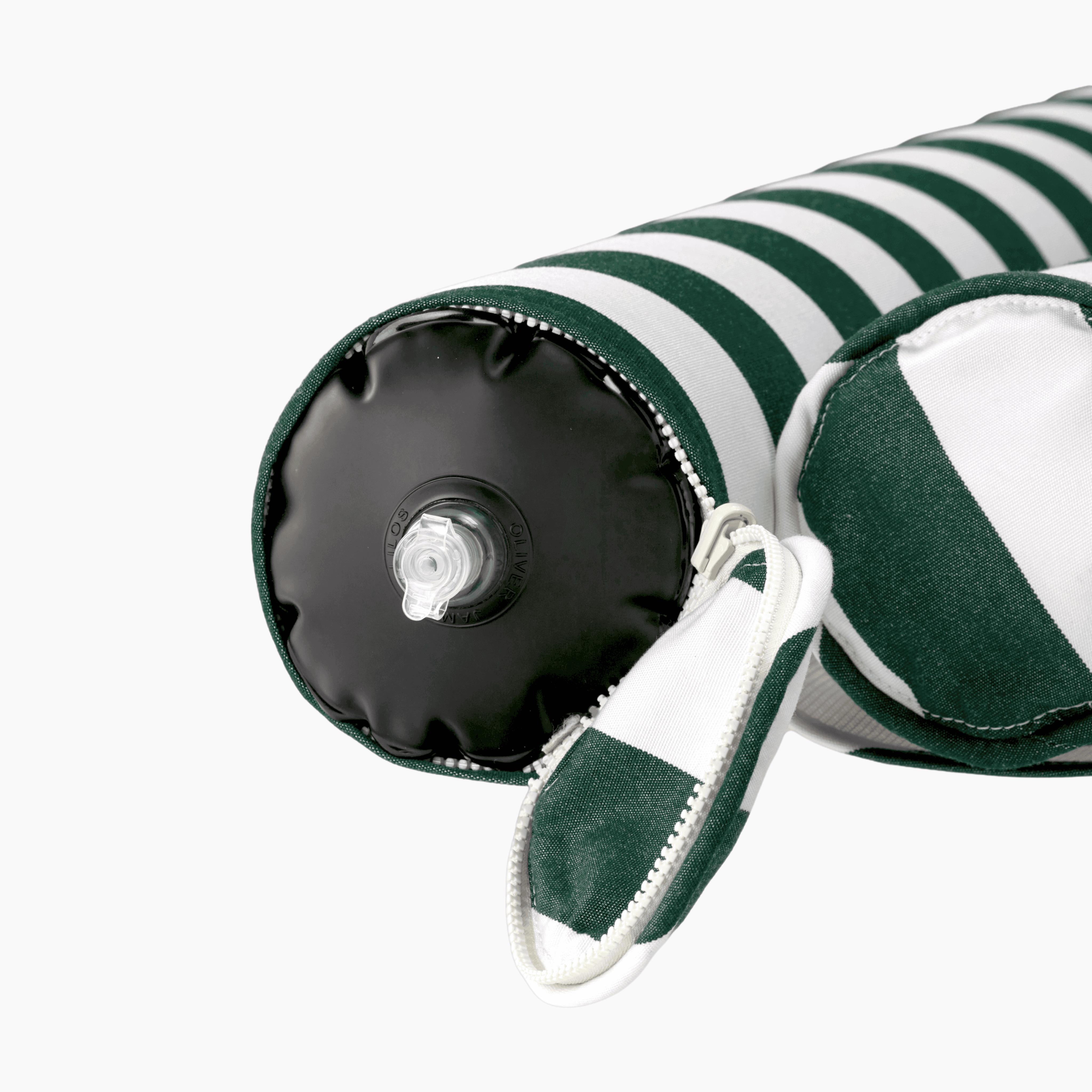 Close-up of hammock pool float showing green-and-white canvas, inflation valve, and matte white zipper