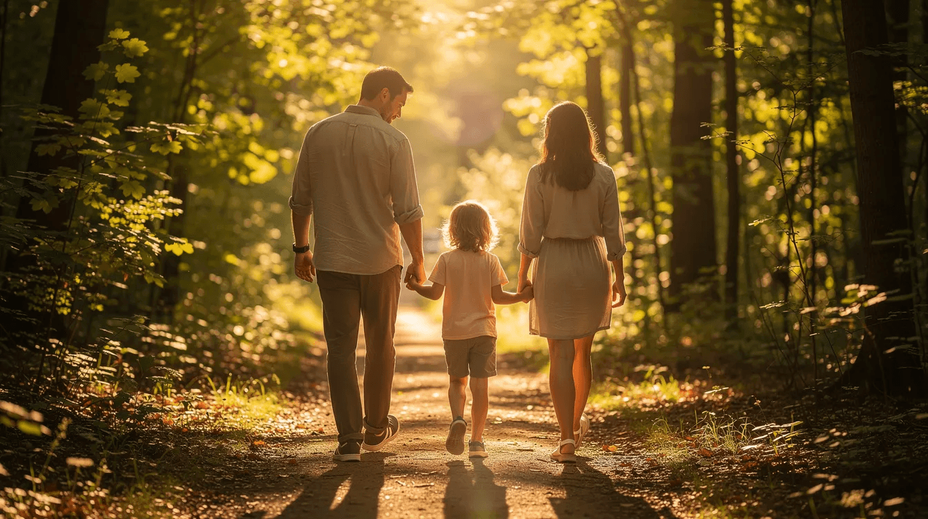 A family of four walks hand-in-hand along a wooded path, illuminated by the warm afternoon light filtering through the trees. This serene scene captures the essence of togetherness and the importance of planning for the future, such as establishing an estate plan to benefit loved ones.