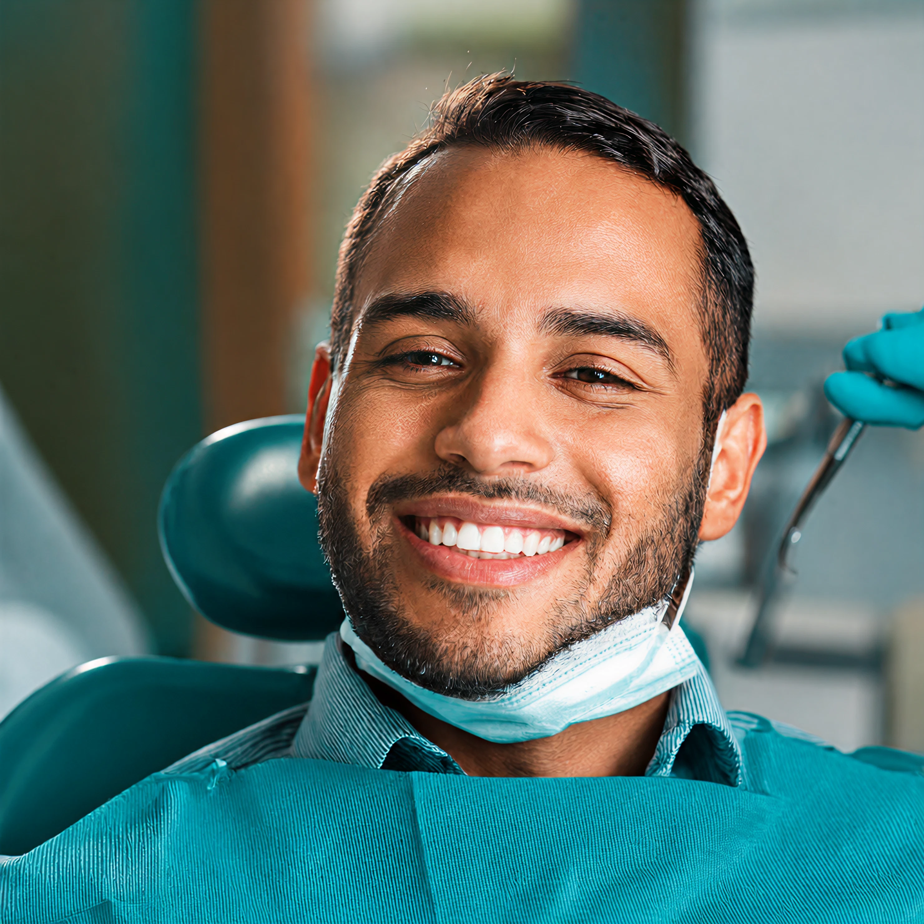Happy male patient smiling while seated in a dental examination chair.