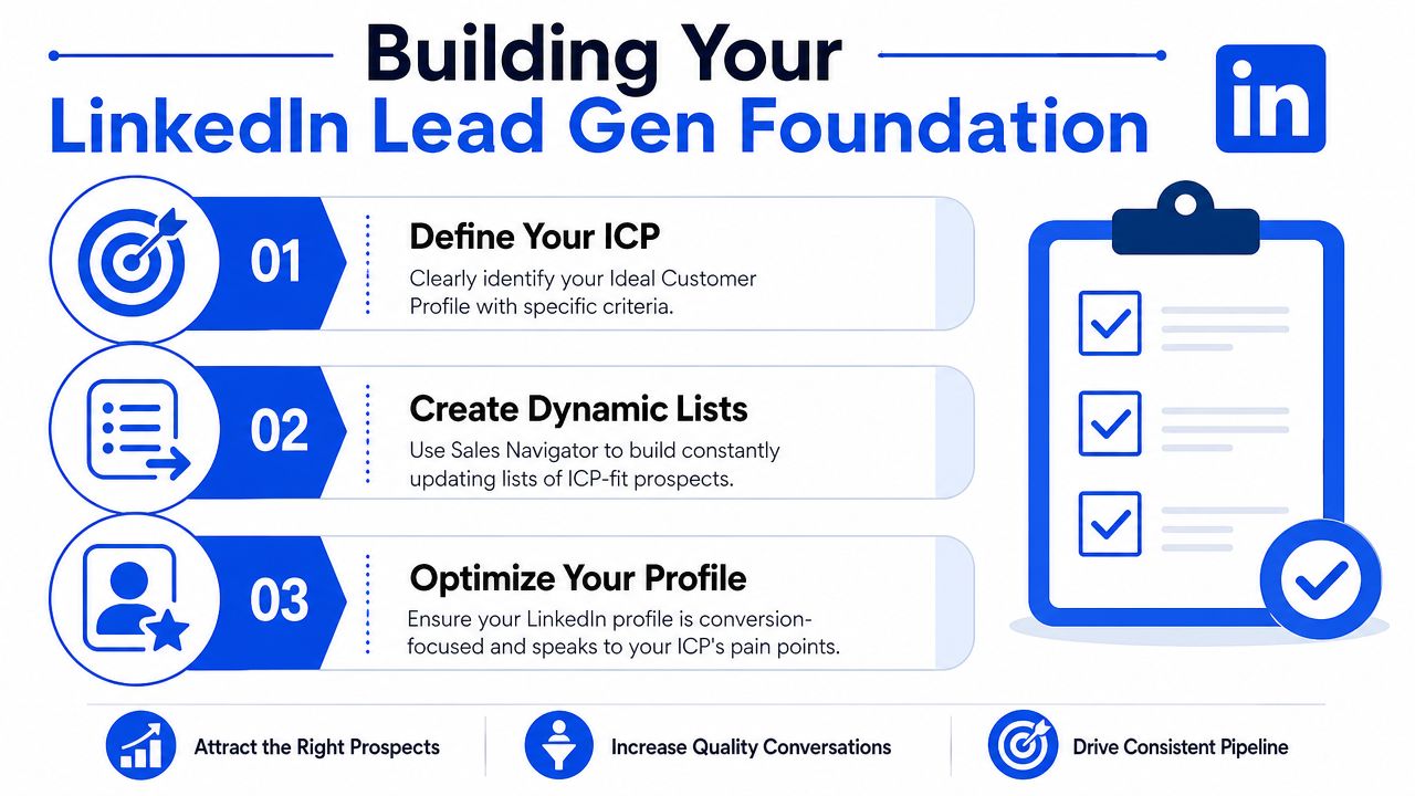 A three-step infographic on building a B2B lead generation foundation on LinkedIn for better business results.
