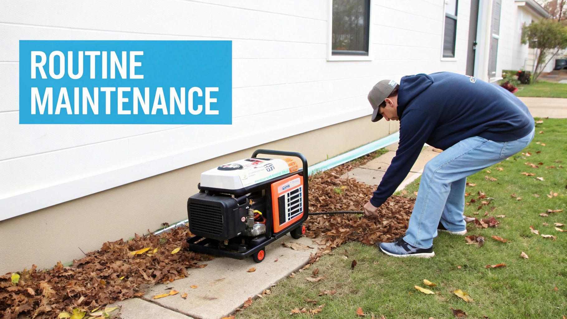 a man working on a generator with a blue box that reads 'routine maintenance' in the background