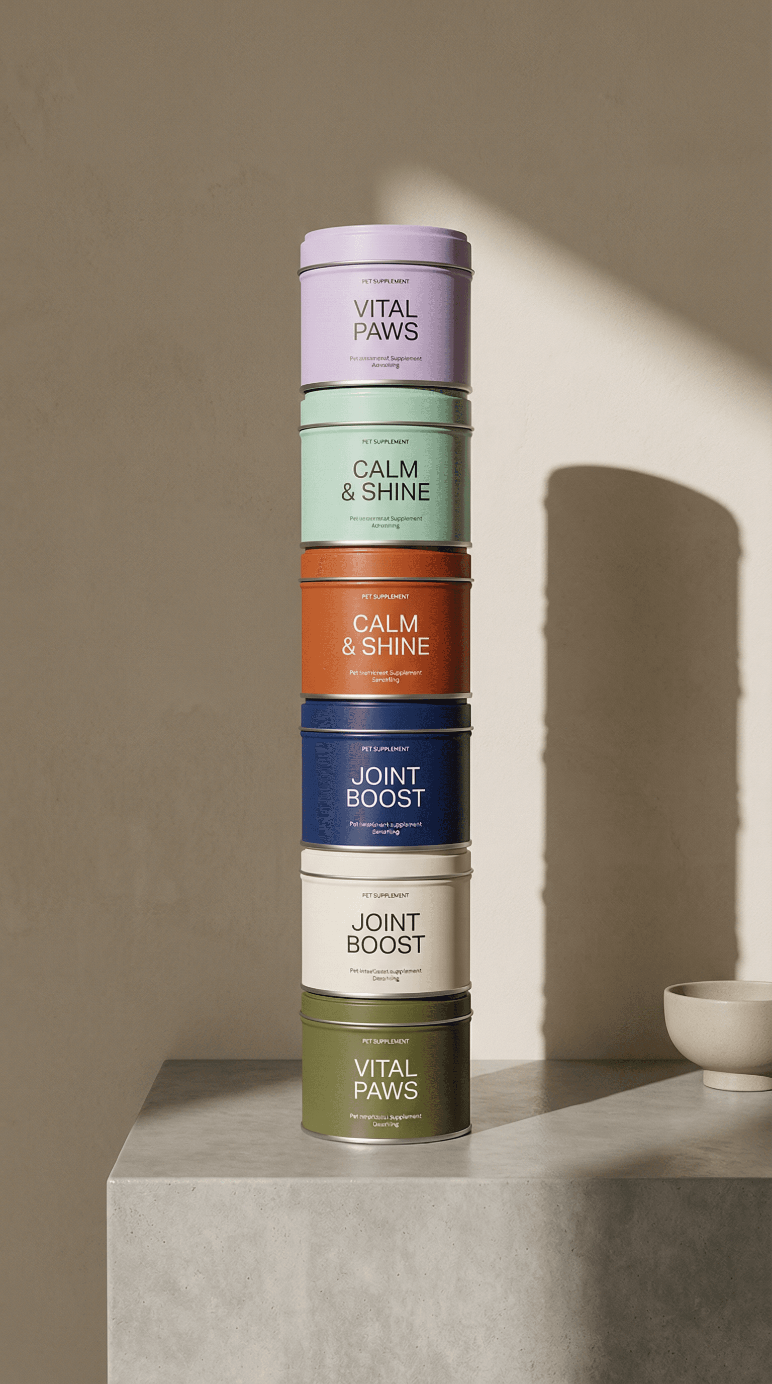 Stacked pet supplement tins labeled Vital Paws, Calm & Shine, and Joint Boost on a minimal set