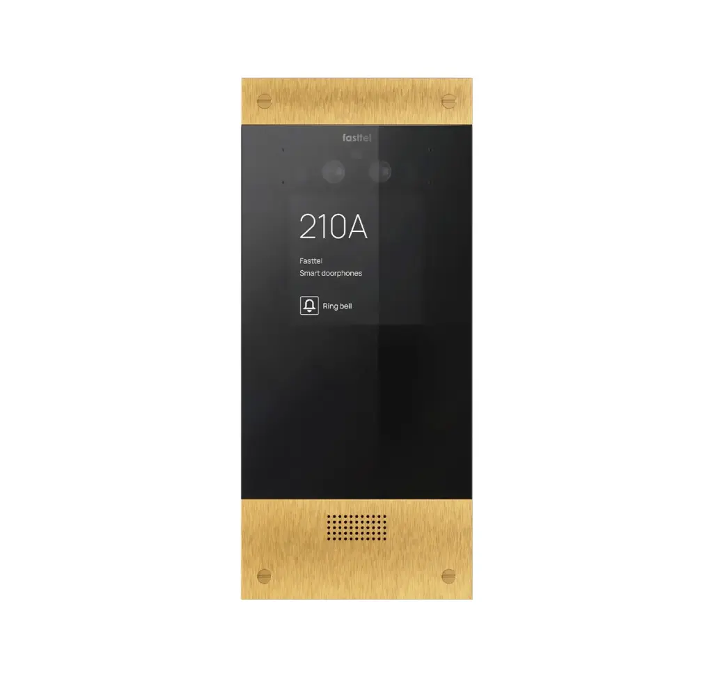 Black smart home device with screen showing time and temp